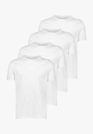 Witte katoenen T-shirts, korte mouwen, ronde halslijn, gladde textuur, vier stuks gestapeld met een consistent ontwerp en zonder patronen of accenten.