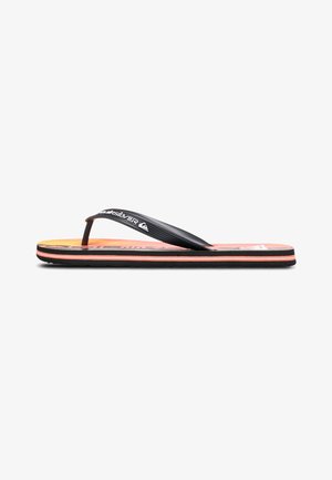 Black flip-flop with a textured footbed in orange and red patterns. Features a black rubber strap and a raised side for grip.