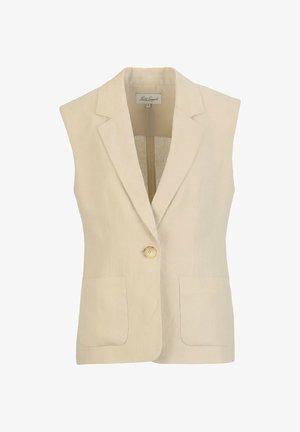 Blazer sin mangas beige con cierre de un botón, dos bolsillos delanteros y cuello con solapa de muesca, talla pequeña, etiquetado Luisa Spagnoli.