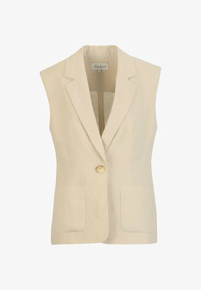 Blazer bej fără mâneci, cu închidere cu un singur nasture, două buzunare frontale și guler cu revere decupate, mărimea mică, etichetat Luisa Spagnoli.