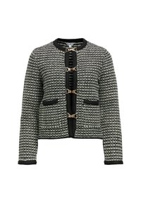 Schwarz-weiße Tweedjacke mit rundem Ausschnitt, langen Ärmeln und goldenen Toggle-Verschlüssen. Verfügt über zwei Vordertaschen.