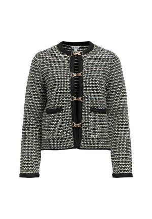 Giacca in tweed bianco e nero con scollatura rotonda, maniche lunghe e chiusure a toggles in metallo dorato. Presenta due tasche frontali.