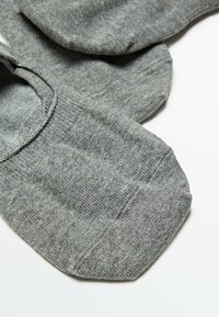 Gray cotton blend no-show socks with a smooth texture, rounded toe, and elasticized opening for a snug fit. Three pairs shown.