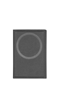 Zwarte leren portefeuille met textuur, afgewerkt met een gestikte rand en een cirkelvormig reliëfpatroon in het midden van de voorkant.