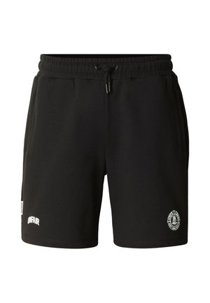 Zwarte casual shorts met elastische tailleband met trekkoord, zijzakken, de tekst "UNFAIR" op het linkerbeen en een cirkelvormig logo op het rechterbeen.