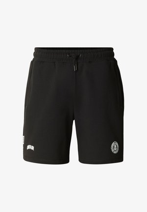 Zwarte casual shorts met elastische tailleband met trekkoord, zijzakken, de tekst "UNFAIR" op het linkerbeen en een cirkelvormig logo op het rechterbeen.