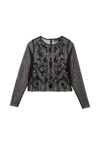 Blouse noire transparente à manches longues, ornée de broderies florales complexes et de sequins, avec un col rond et un ourlet court.