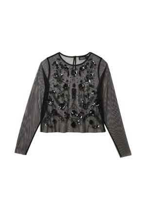 Blouse noire transparente à manches longues, ornée de broderies florales complexes et de sequins, avec un col rond et un ourlet court.
