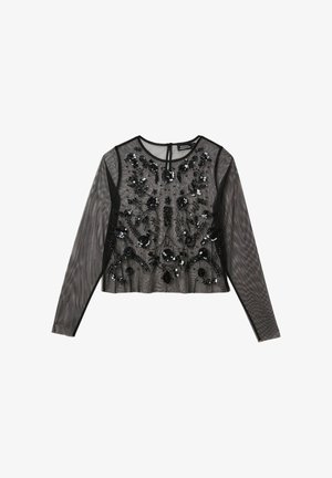 Blouse noire transparente à manches longues, ornée de broderies florales complexes et de sequins, avec un col rond et un ourlet court.