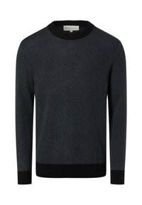 Dunkelgrauer, gestrickter Pullover mit strukturiertem Muster, rundem schwarzem Ausschnitt sowie gerippten Bündchen an Ärmeln und Saum. Verfügt über lange Ärmel und eine lockere Passform.