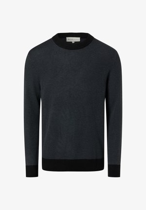 Dunkelgrauer, gestrickter Pullover mit strukturiertem Muster, rundem schwarzem Ausschnitt sowie gerippten Bündchen an Ärmeln und Saum. Verfügt über lange Ärmel und eine lockere Passform.