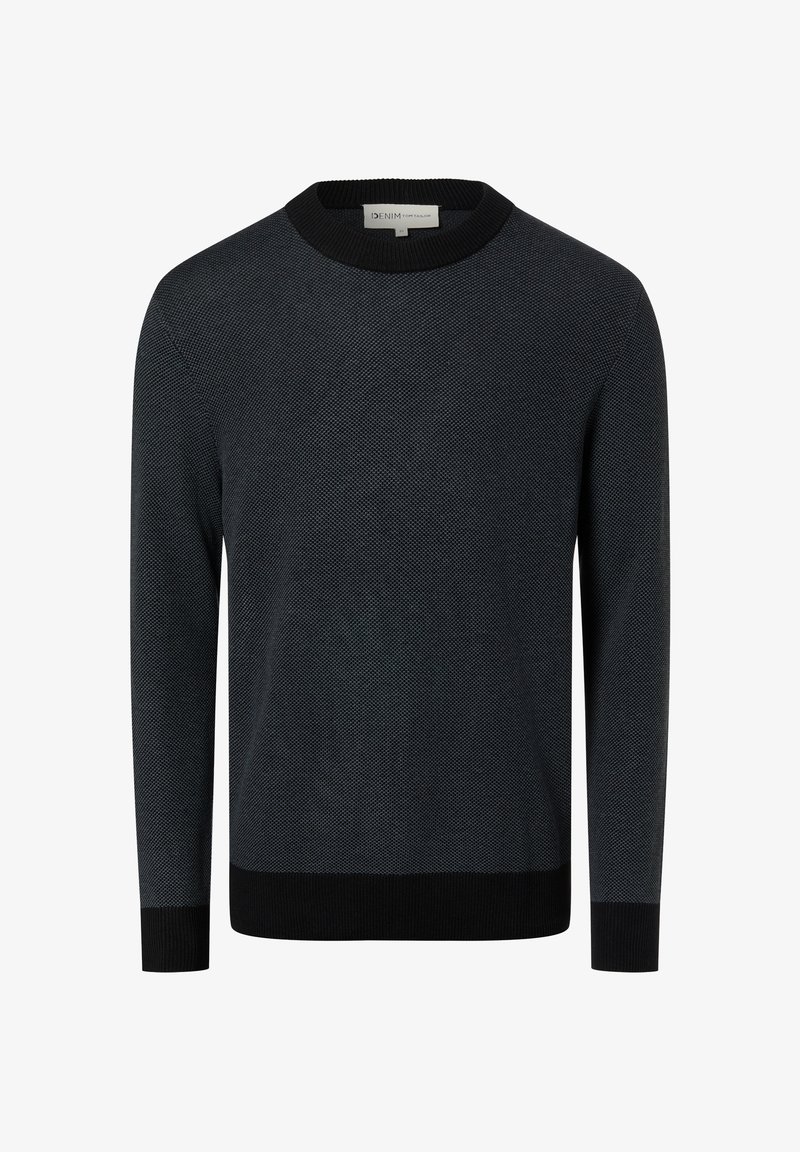 Dunkelgrauer, gestrickter Pullover mit strukturiertem Muster, rundem schwarzem Ausschnitt sowie gerippten Bündchen an Ärmeln und Saum. Verfügt über lange Ärmel und eine lockere Passform.