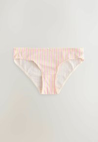 Sous-vêtement féminin style bikini en coton avec des rayures verticales roses, jaunes et blanches et un petit nœud au centre de la ceinture.
