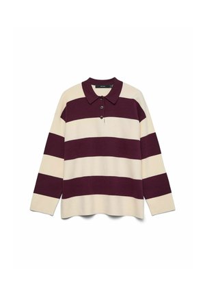 Polo a maniche lunghe in crema e righe bordeaux scuro. Presenta un colletto e una chiusura con tre bottoni. Tessuto in maglia morbida.