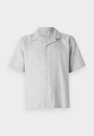 Short-sleeve button-up shirt in light blue and white striped linen. Features a classic collar and a straight hem, with five buttons down the front.