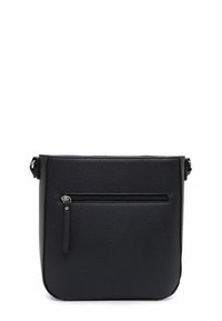 Černá kožená crossbody taška s texturovaným povrchem, přední kapsou na zip a nastavitelným ramenním popruhem. Vyznačuje se jednoduchým, moderním designem.