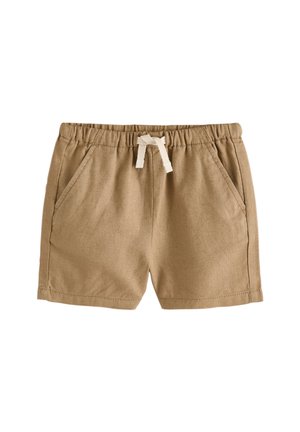 Béžové bavlnené krátke nohavice pre batoľatá s elastickým pásom, bielym sťahovacím šnúrkou a prednými bočnými vreckami, zobrazené na jednoliatom bielom pozadí.