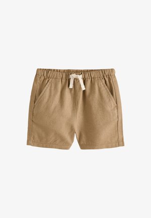 Beige katoenen peuter shorts met elastische tailleband, witte trekkoorden en voorste zijzakken, getoond op een effen witte achtergrond.