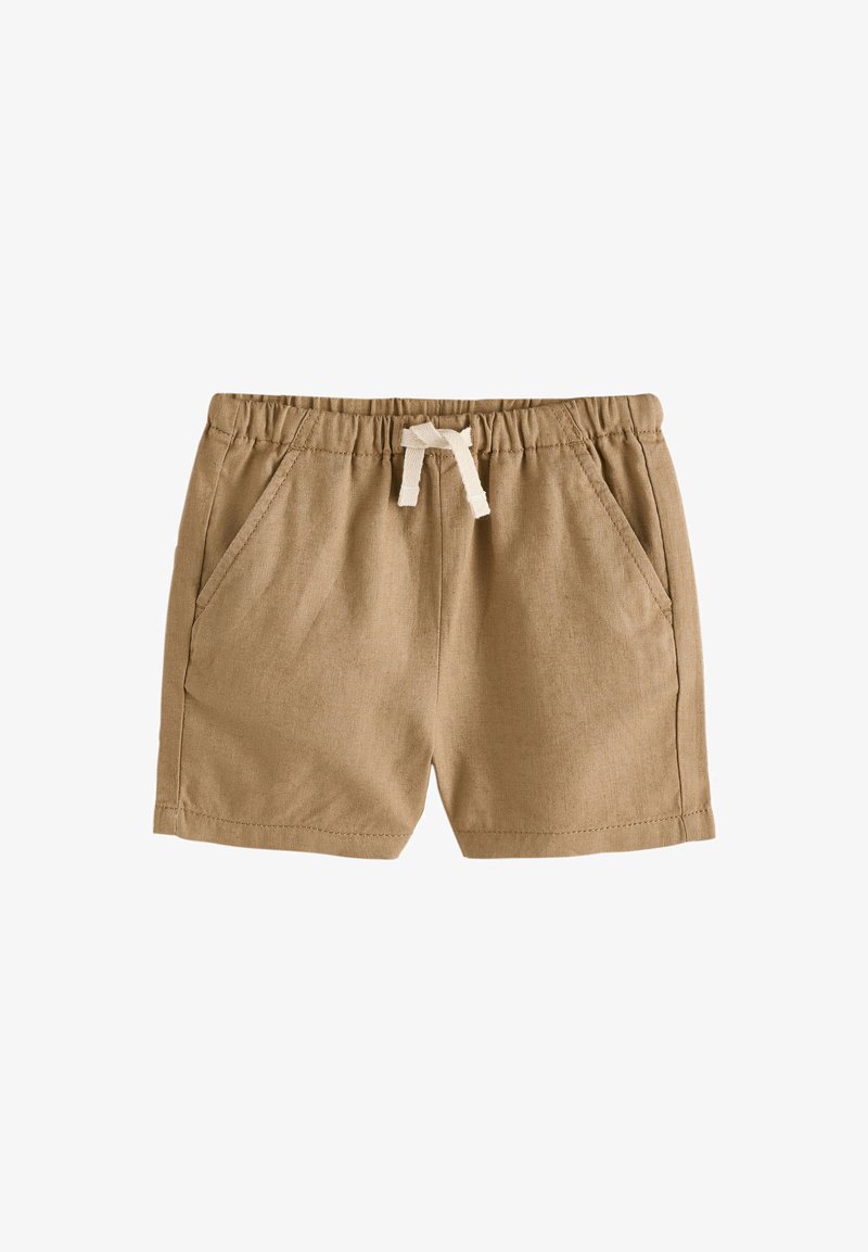 Pantalones cortos beige de algodón para niños pequeños con cintura elástica, cordón blanco y bolsillos laterales delanteros, mostrados sobre un fondo blanco liso.