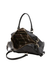 Borsa in pelle nera con un ampio interno caratterizzato da una fodera a quadri marrone, cerniere dorate e doppio manico per il trasporto.