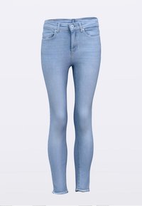 Gaiši zili šauras džinsa bikses, izgatavotas no džeinsa auduma, ar standarta vidukļa joslu, piecu kabatu dizainu un neapstrādātām apakšmalām potītēs.