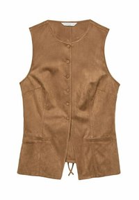 Bruin suède vest met een ronde halslijn, zes knoopsluitingen, twee voorzakken en een trekkoordzoom aan de achterkant.