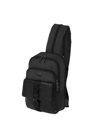 Zaino a tracolla singola nero con più scomparti con zip e tasca frontale con fibbia, progettato per un uso casual o da viaggio.