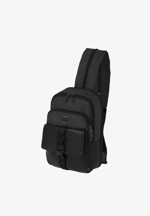 Zaino a tracolla singola nero con più scomparti con zip e tasca frontale con fibbia, progettato per un uso casual o da viaggio.