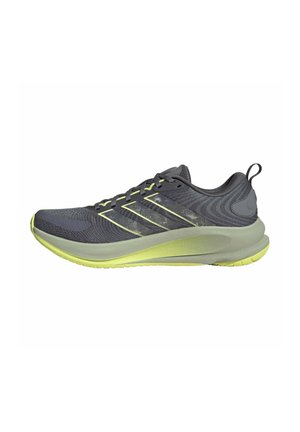 Dunkelgrauer und neongrüner athletischer Laufschuh mit Mesh-Obermaterial, Schnürverschluss und gepolsterter Sohle, Seitenansicht.