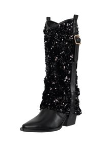 Bota negra hasta la rodilla con un eje brillante cubierto de lentejuelas, punta afilada y tacón robusto; presenta detalles en cuero negro y una hebilla lateral.