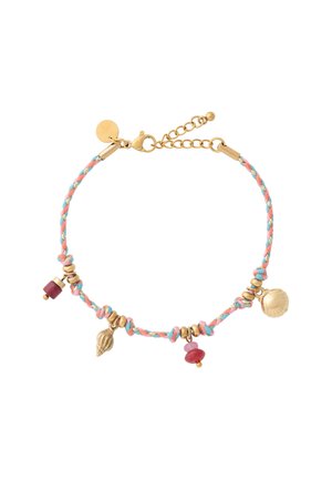 Geflochtenes Armband in Pink, Blau und Beige mit Goldverschluss, verstellbarer Kette sowie goldenen Muschel-, Perlen- und Charmeanhängern.