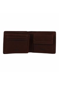 Brown leather wallet, bi-fold design, featuring card slots and a compartment, smooth texture, with visible stitching and logo detail.