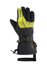 Black and yellow insulated glove featuring a textured palm, adjustable strap, and reinforced areas for enhanced grip and warmth.