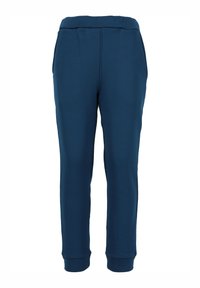 Blauwe joggingbroek met een elastische tailleband, taps toelopende pijpen en geribbelde boorden. Gemaakt van een zachte, rekbare stof voor comfort.