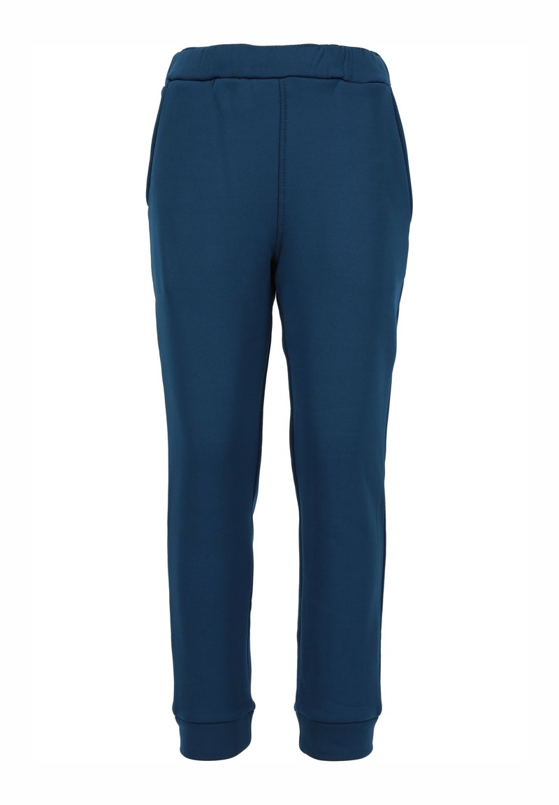 Blauwe joggingbroek met een elastische tailleband, taps toelopende pijpen en geribbelde boorden. Gemaakt van een zachte, rekbare stof voor comfort.