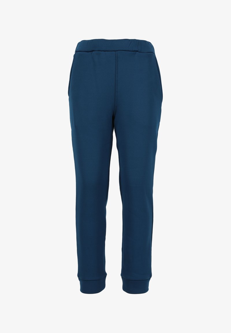 Blauwe joggingbroek met een elastische tailleband, taps toelopende pijpen en geribbelde boorden. Gemaakt van een zachte, rekbare stof voor comfort.