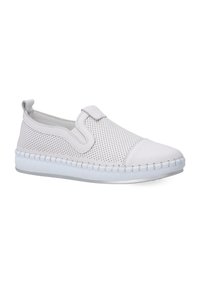 Weiße Slipper mit perforiertem Obermaterial, runder Zehenform und strukturiertem Gummisohle. Mit gesteppten Akzenten und einer glatten Zehenkappe.