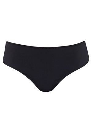 Černé bikiny s hladkým materiálem; mají vysoký pas, bezešvé okraje a minimalistický design.