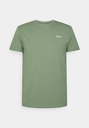 Effen olijfgroene korte mouwen T-shirt voor heren met ronde hals en klein wit Pepe Jeans-logo op de linkerborst.
