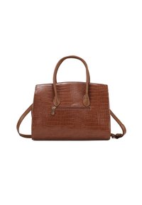 Borsa a mano in pelle con texture a coccodrillo marrone, due manici superiori, una tracolla removibile e una tasca frontale con zip.