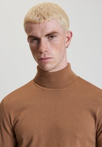 Maglione a collo alto marrone realizzato in morbido tessuto a maglia, con un design aderente e scollatura a coste, indossato da un modello con capelli corti.