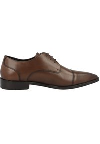 Braune Leder-Oxfords mit spitzer Zehenform, Schnürdesign und glatter Textur. Verfügt über dezente Nähte und einen niedrigen Absatz.