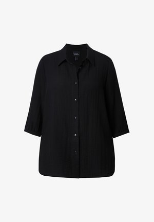 Schwarzes Hemd mit Knopfleiste aus leichtem Material, mit Kragen, dreiviertellangen Ärmeln und einem lockeren Schnitt mit strukturierten Oberflächen.