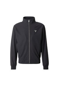 Giacca nera con zip frontale e collo alto, realizzata in tessuto leggero. Presenta maniche raglan e un piccolo logo triangolare sul petto.