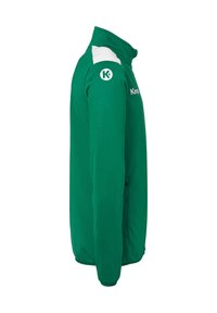 Groene fleecejack met een hoge kraag, witte schouderaccenten, zijzakken met rits en een logo op de linkermouw. Soepele textuur.