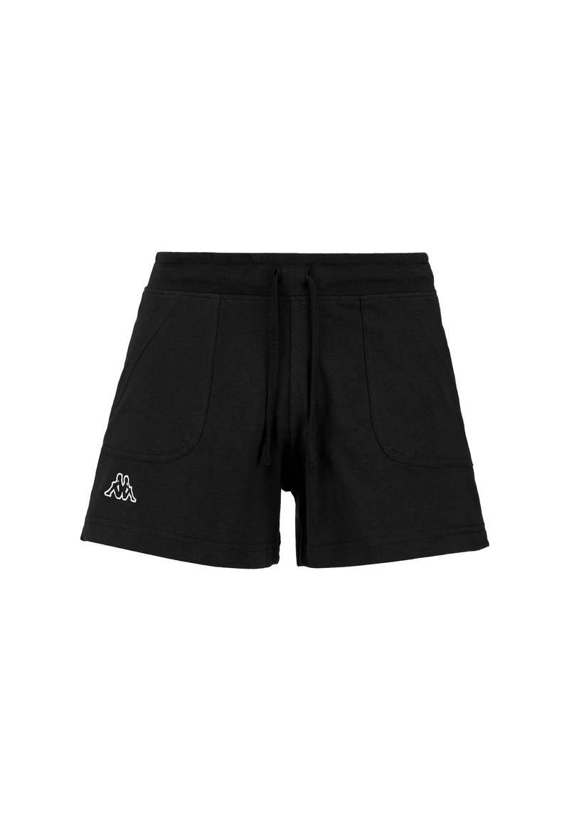 Bermudas de algodón negras con cintura ajustable por cordón, que cuentan con dos bolsillos laterales y un logo blanco en la parte inferior izquierda. Textura suave.