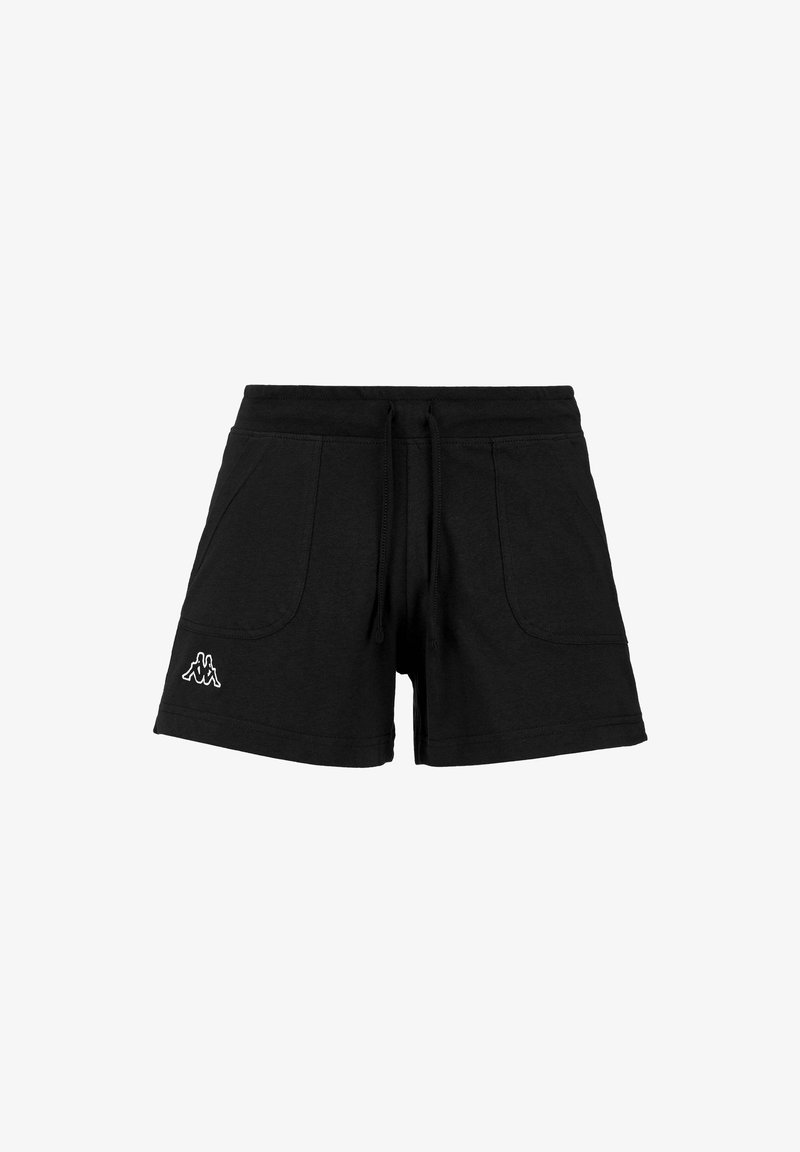 Bermudas de algodón negras con cintura ajustable por cordón, que cuentan con dos bolsillos laterales y un logo blanco en la parte inferior izquierda. Textura suave.