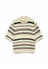 Jersey de manga corta en color crema con rayas horizontales en marrón y malva. Cuello y dobladillo acanalados, textura suave, corte relajado.