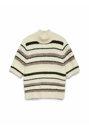 Sweter z krótkim rękawem w kolorze kremowym z poziomymi paskami w kolorze brązowym i mauve. Żebrowany kołnierz i dół, miękka faktura, swobodny krój.