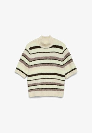 Krátký svetřík s krátkými rukávy v krémové barvě s horizontálními pruhy v hnědé a purpurové. Žebrovaný límec a spodní lem, měkká textura, volný střih.